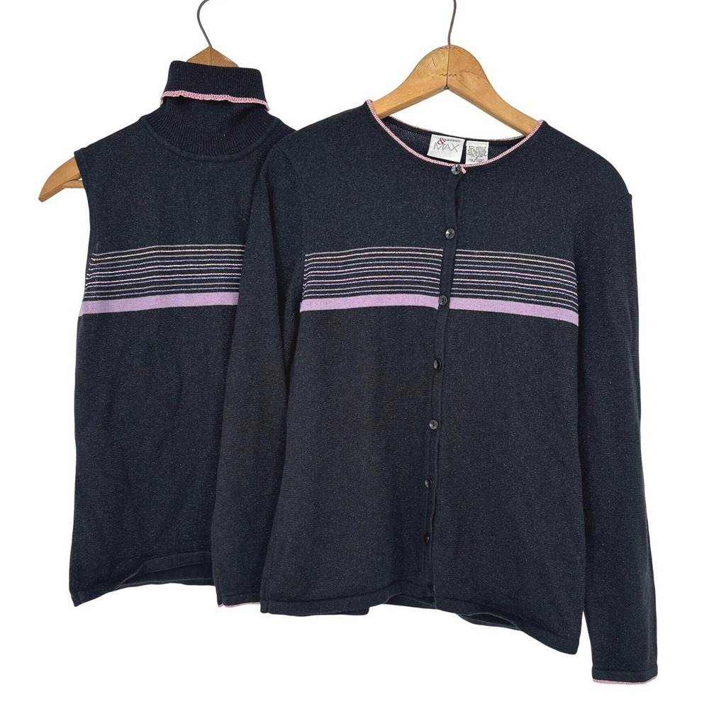 Madison & Max Sweater Set Women S Black Metallic Shell Cardigan Twin Set Y2K